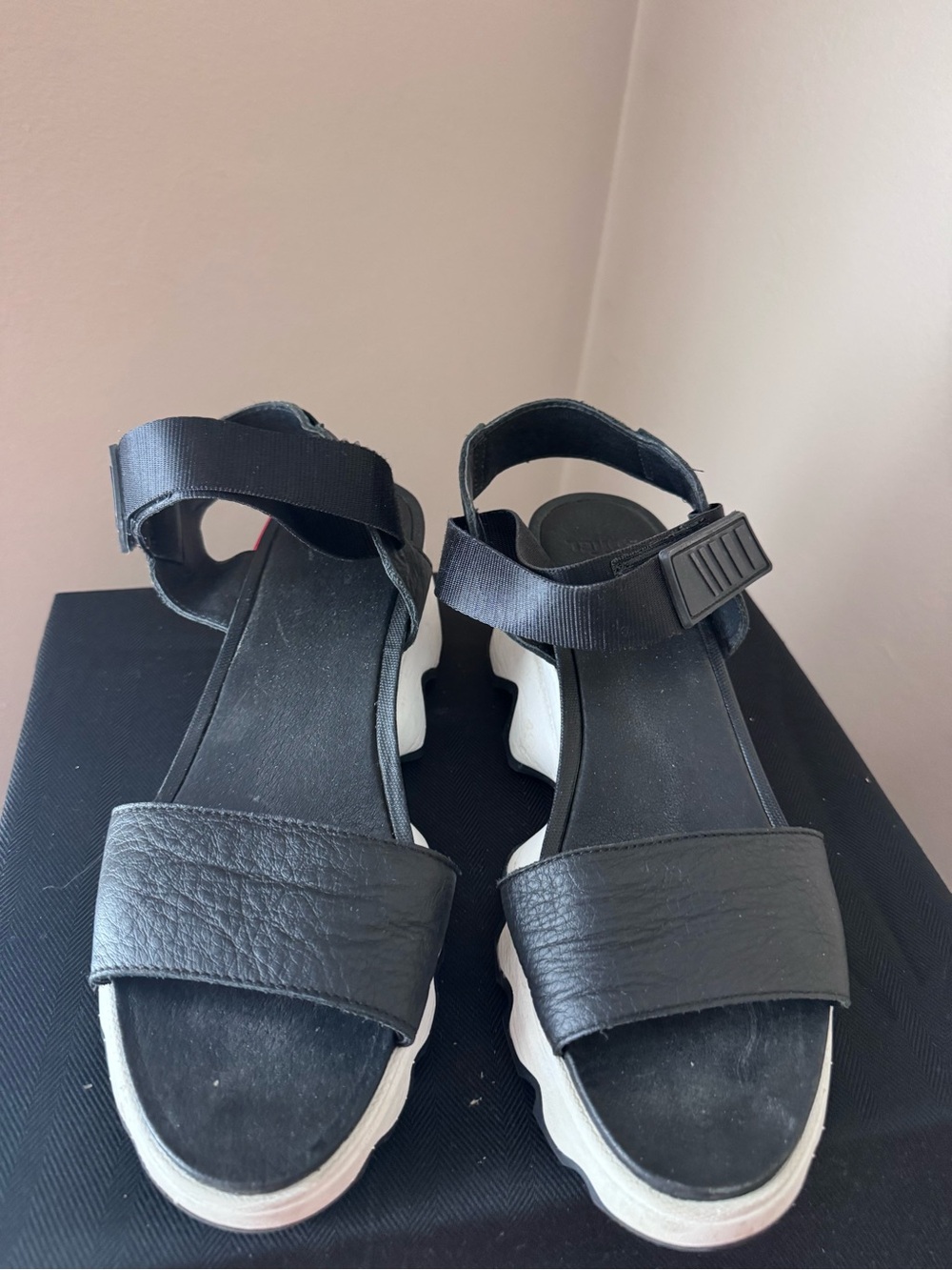 Sorel Black Sport Platform Sandals with White Sole